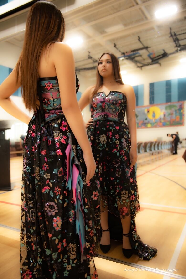 Model wears Chelsea's Cree-ation's dress and a Indigenously Beaded Hat Design by CEO Tanya Straightnose