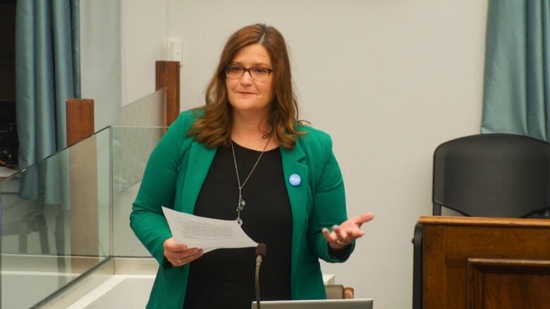 Green MLA Karla Bernard stand in the P.E.I. Legislature.