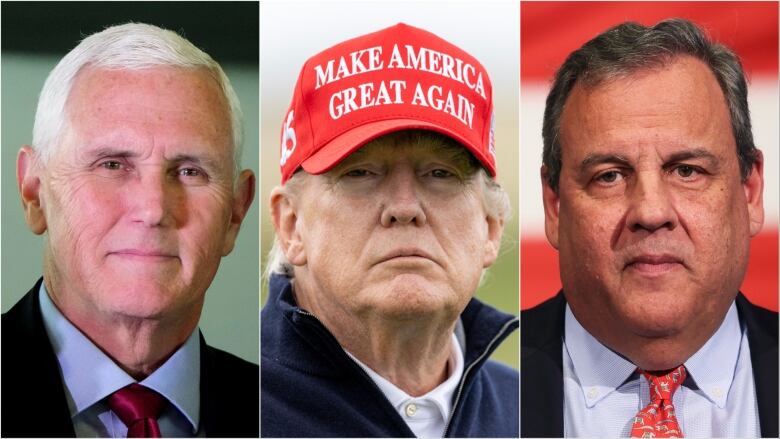 Side-by-side portraits of Mike Pence, Donald Trump and Chris Christie looking straight at the camera. Trump is wearing his signature 'Make America Great Again' red hat.