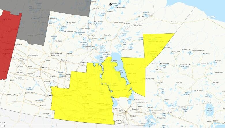 A map of Manitoba shows much of the province under a thunderstorm watch.