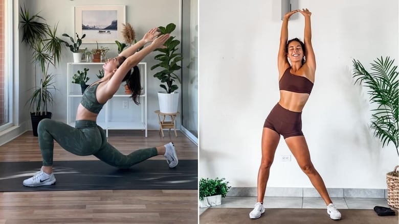 left: a woman in her living room, on a yoga mat, doing a kneeling stretch with her arms in the air. right: the same woman, standing on a yoga mat stretching her arms above her head. 