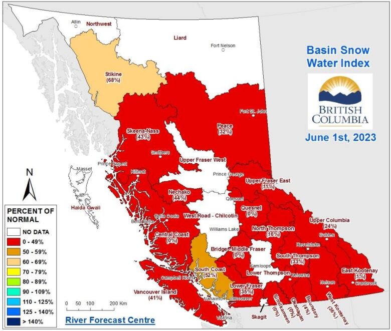 A map of B.C. shows all but two regions coloured red, meaning they have significantly lower than normal snow levels in alpine areas.