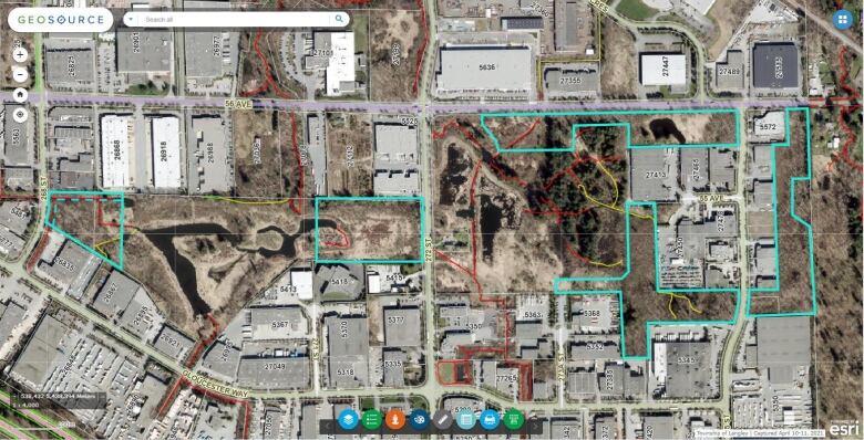 A map showing a birds-eye view of a mixed industrial and wetland space.