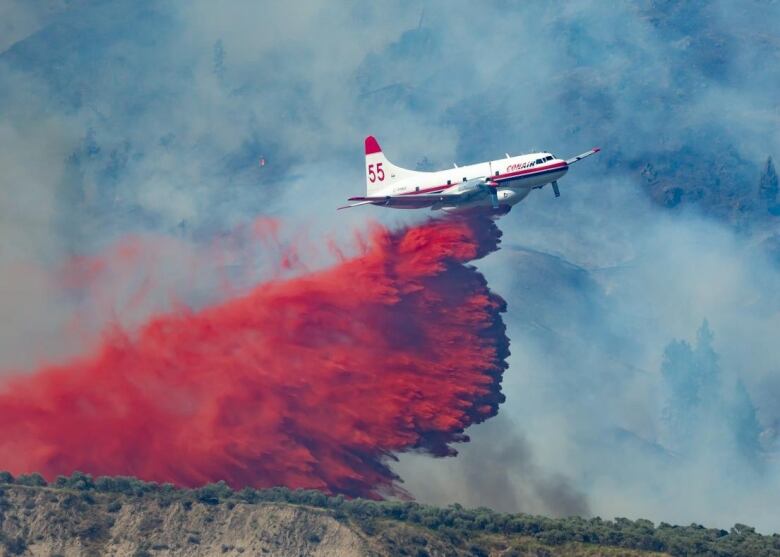 An aircraft is spraying red powder amid smoke.