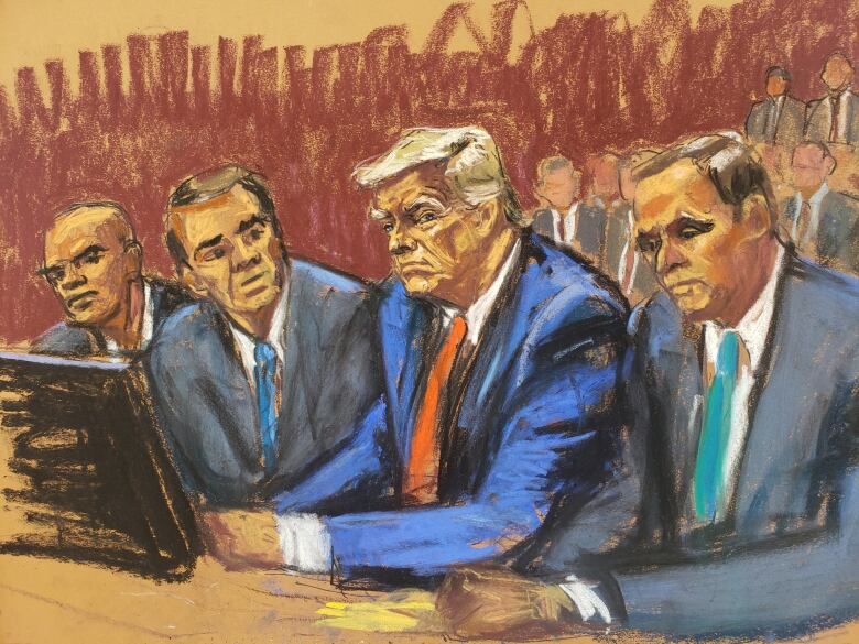 Court sketch of 4 men at a table, one with yellow hair, wearing a blue suit and red tie