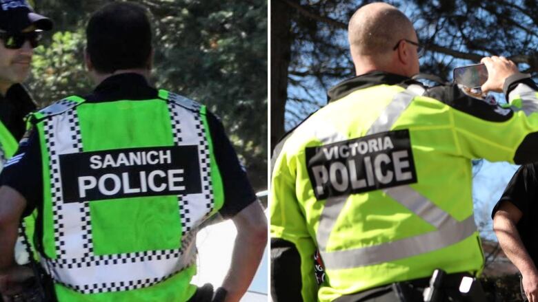 A composite of a Saanich police officer and a Victoria police officer, both wearing high-visibility vests, with their backs to the camera.