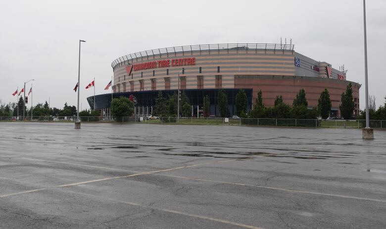 A suburban hockey arena in the rain.