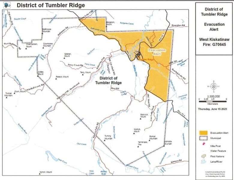 A map of areas near Tumbler Ridge B.C. still under an evacuation alert as of 10 a.m. June 15, 2023.