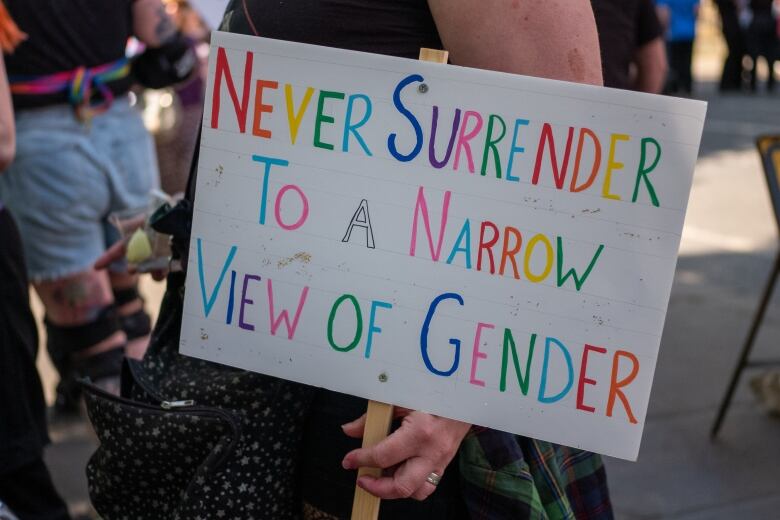 A person holds a white placard with words written in rainbow colours. 