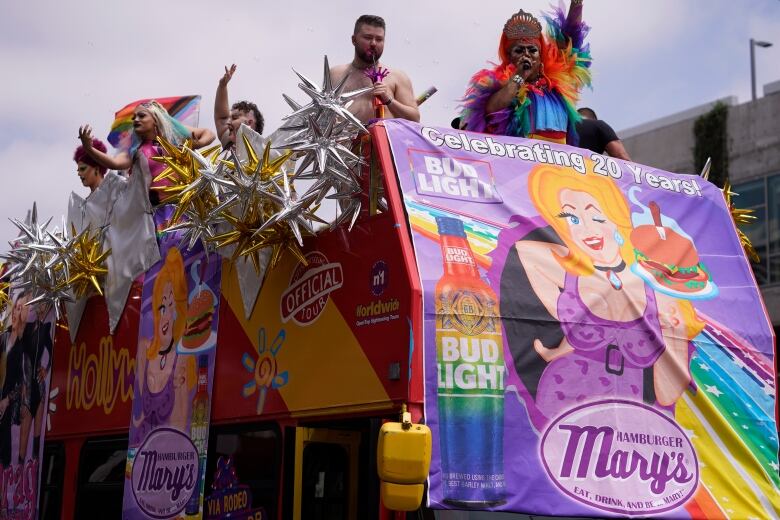 The Hamburger Mary's Bar & Grille parade entry shows a banner advertising Bud Light beer at the WeHo Pride Parade in West Hollywood, Calif., on Sunday, June 4, 2023.