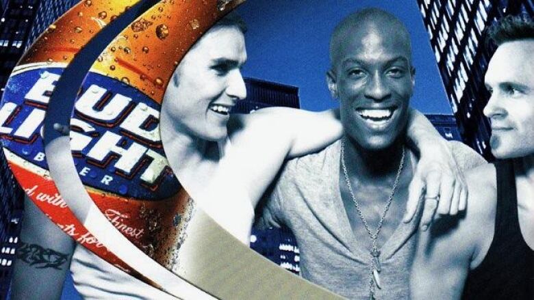 This ad shows a smiling white man with his arm around a Black man wearing a tank top.   A third man admires them and a Bud Light logo is on the side.   