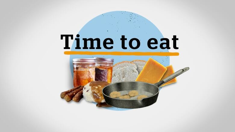 A collection of food including something in a fry pan, with bread, cheese, sausage, potatoes and gravy and two preserve jars. With a blue circle behind it and the text 