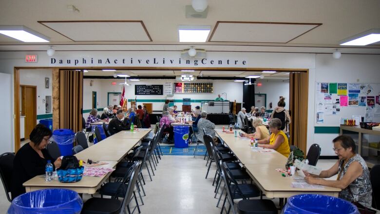 People sit at tables playing bingo.