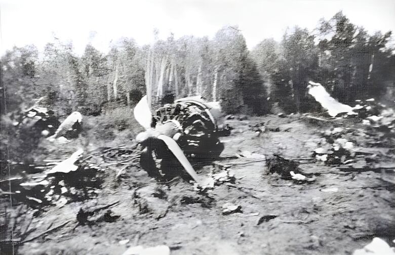 Wreckage from a Second World War plane crash is shown in a black-and-white photo.