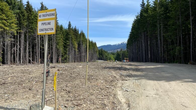 A construction sign in a clear-cut area with forests and mountains behind it.