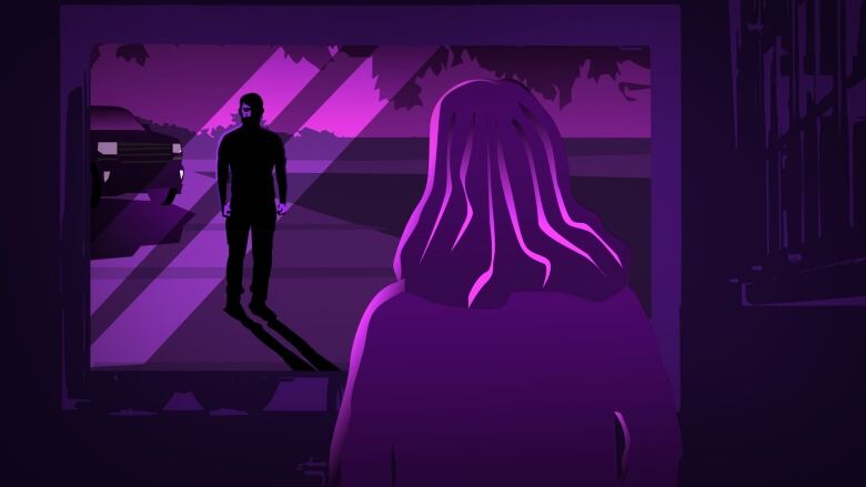 A digitally illustrated image of a woman stsanding in a home looking out of the window to the front drive. A man is standing there with a vehicle behind him. The entire image is in purple tones  the colour representing intimate partner violence.