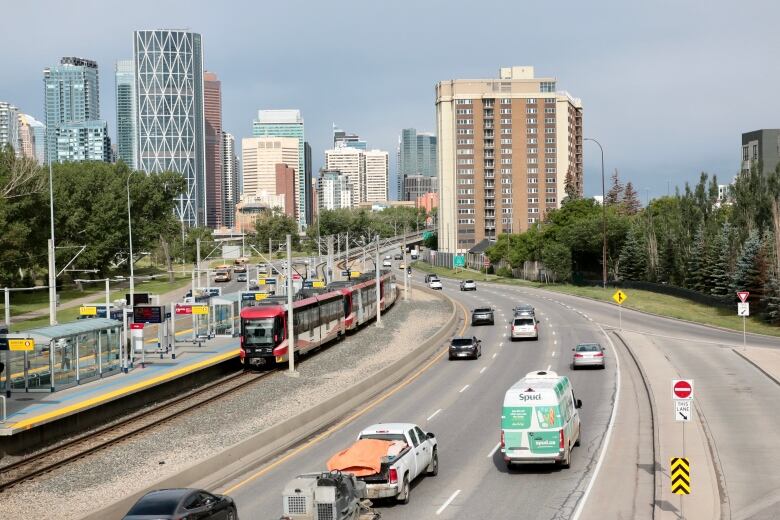 Traffic shown heading west towards downtown Calgary.