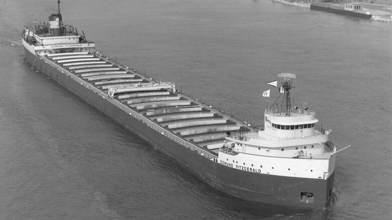 A black and white photo of a freighter ship, near shore.