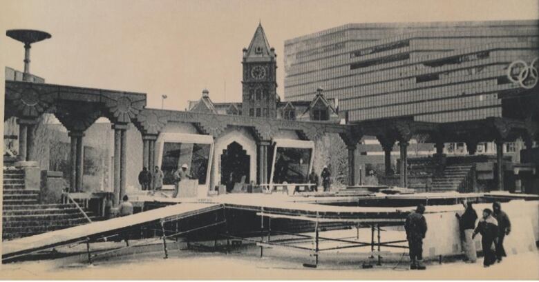 A black and white image of a recreational facility