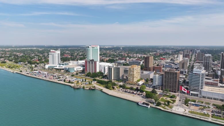 Aerial shot of the Windsor skyline and Detroit River.