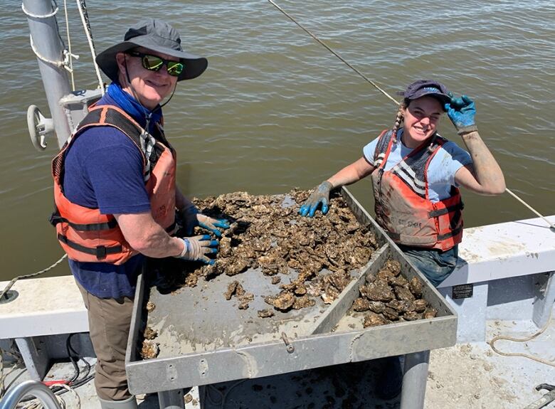 Ryan Carnegie collecting oysters with a student.