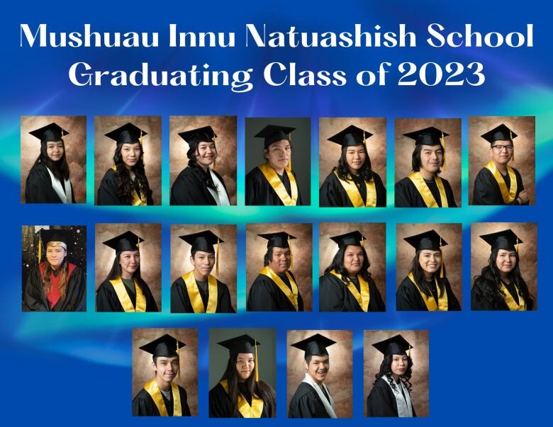 A collage shows a bunk of people smiling while wearing cap and gowns. 