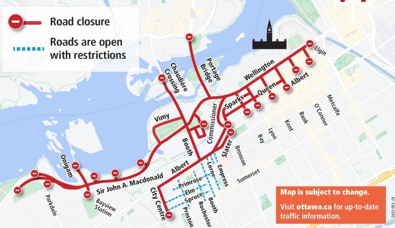 A map of road closures in a city.