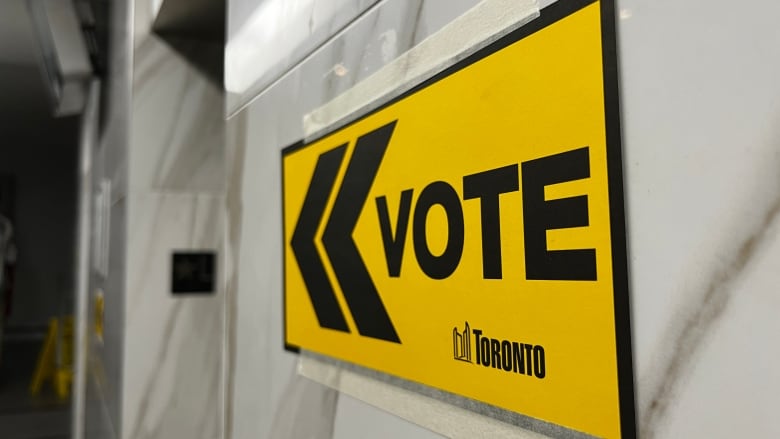 City of Toronto voting signs at the apartment building located ar 411 Duplex Ave., Toronto, on June 26, 2023. Polls are open from 10 a.m. to 8 p.m. as the city selects its next mayor.