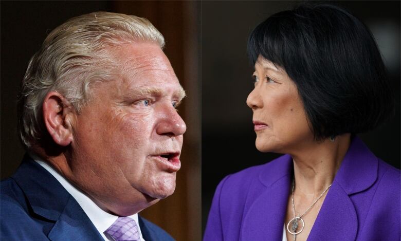 Composite photo of Doug Ford and Olivia Chow looking toward each other.   