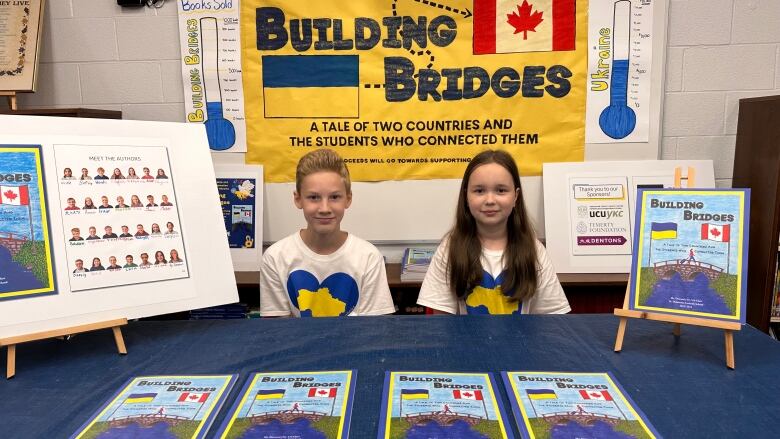 Two students sit in front of a row of books 