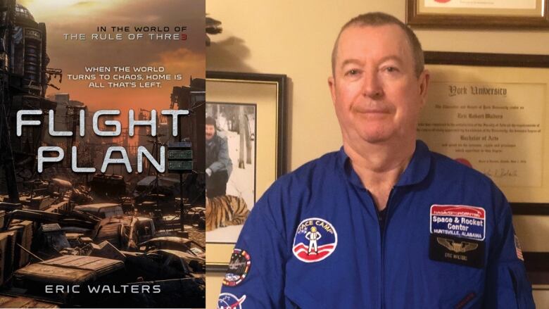 On the left a book cover showing a city with burnt out cars and buildings. On the right a man wearing a space suit looks into the camera.