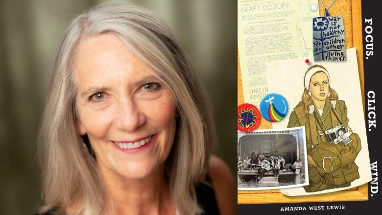 On the left a woman with grey hair smiles and looks into the camera. On the right is a book cover featuring different items and images associated with war.