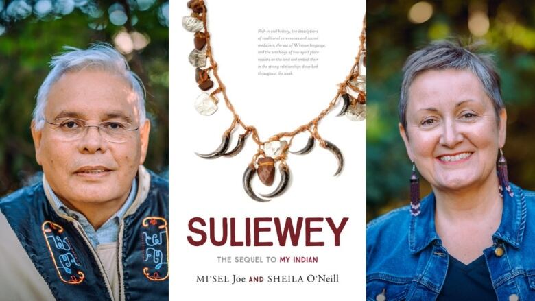 On the left a man looks into the camera smiling. In the middle is a book cover showing a necklace. On the right is a woman smiling into the camera.