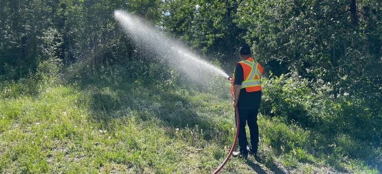 Man spraying water from a fire hose