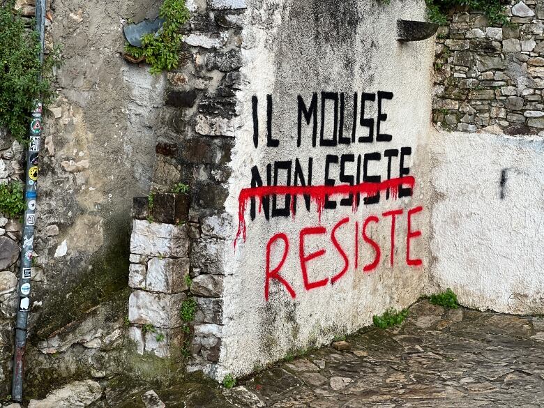 A stone wall is shown with a message painted in black block lettering that reads in Italian: 'Molise does not exist' in English. The last line has been struck through with red paint, replaced with the word 'resist.'