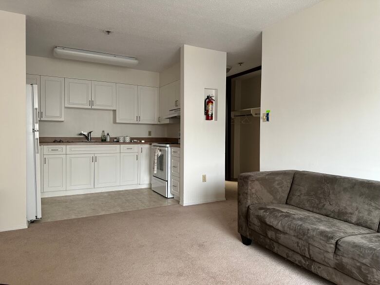 The kitchen and living room of one of the units inside the Aspen Apartments on June 30, 2023. 