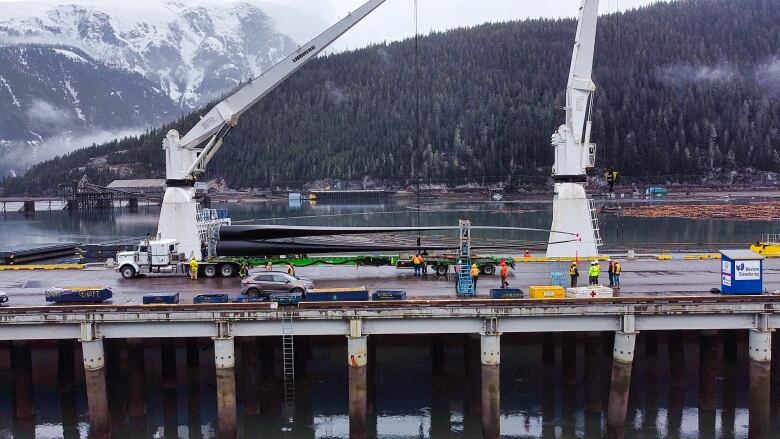 Two cranes are seen at a dock with mountains in the background.