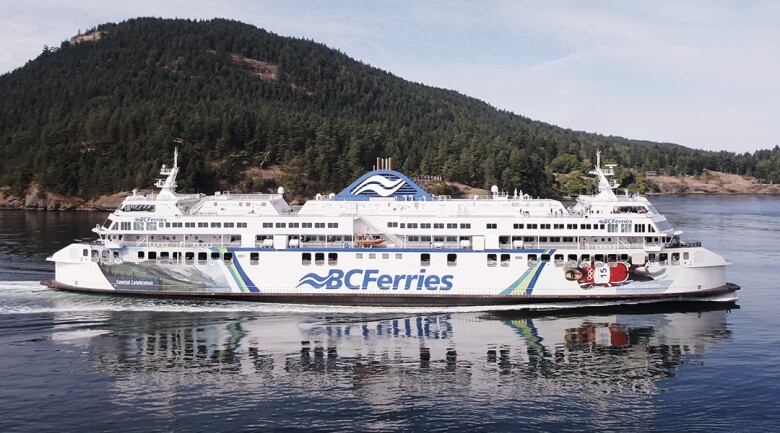 A large ferry pictured from the side sails on still water with a small forested hill in the background. 