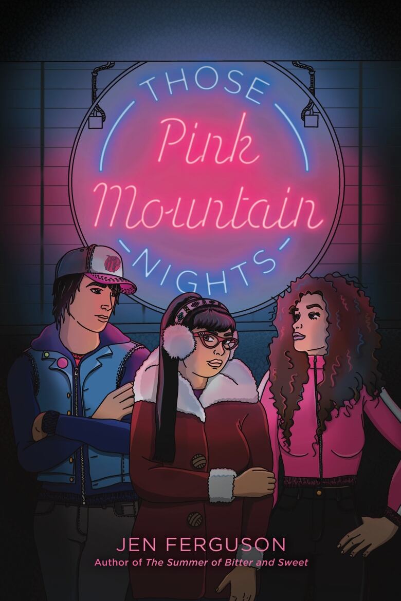 A book cover shows three young people standing in front of a neon pink and blue sign. 