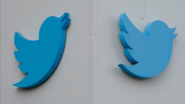 A close-up of two Twitter logos.