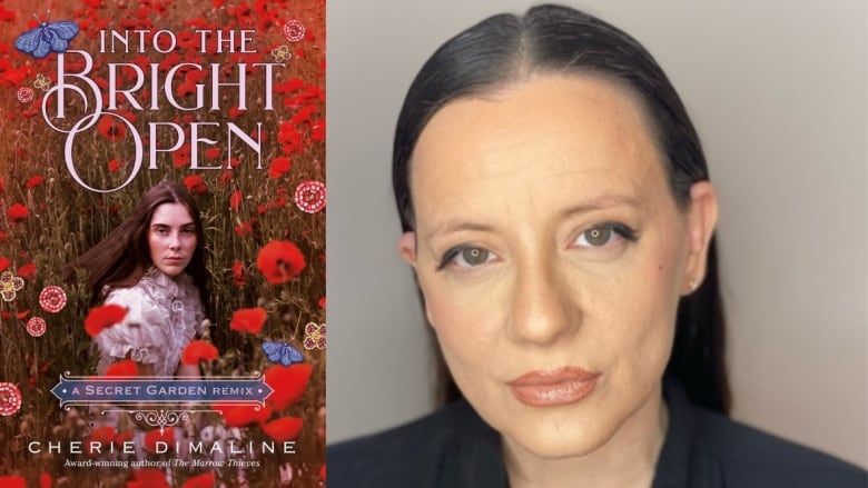 On the left a book cover showing a field with flowers and a young woman wearing a white dress sitting in the field and looking into the camera. On the right a woman looks into the camera.