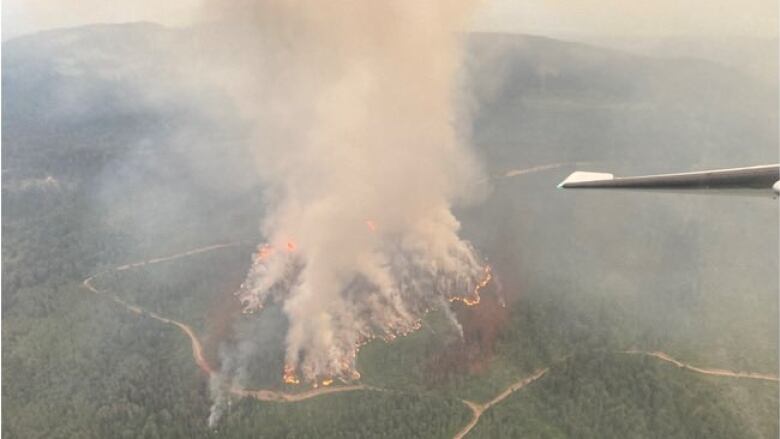 A large fire releases plumes of smoke in a forested area.