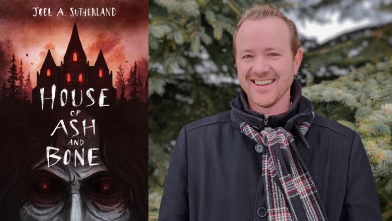 On the left, a book cover with a dark house in the distance with a red light shining from the windows and two large cloaked eyes in the foreground. On the right a man smiles at the camera.