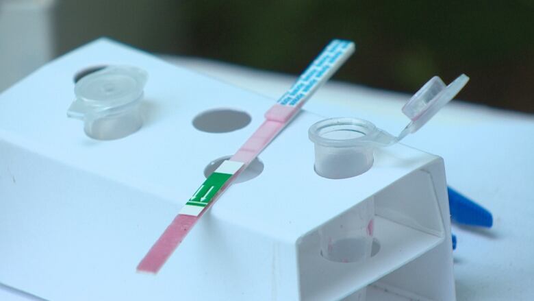 A white blastic box has holes for test tubes and has a test strip sitting on it.