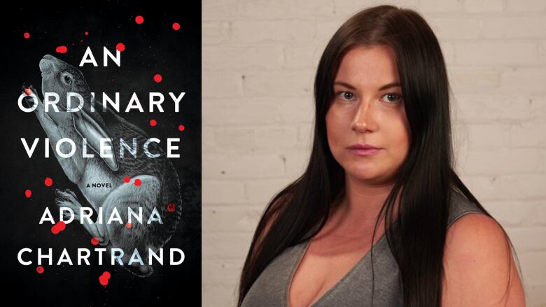 A composite image featuring a black book cover with a rabbit and red splatters of blood and a portrait of a woman with long black hair looking into the camera.