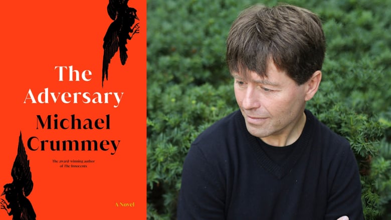 The Adversary by Michael Crummey. An orange book cover with two black birds flying on either side. A portrait of author Michael Crummey.