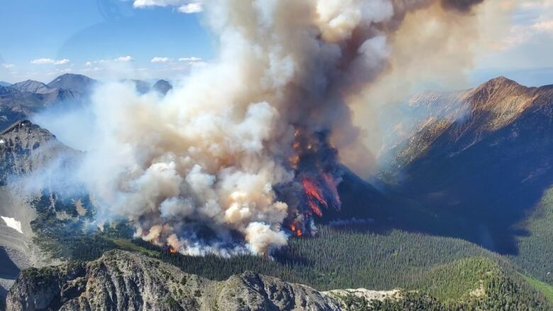 An aerial view of a wildfire burning through forest in a mountainous area, raising a plume of thick brown-grey smoke.