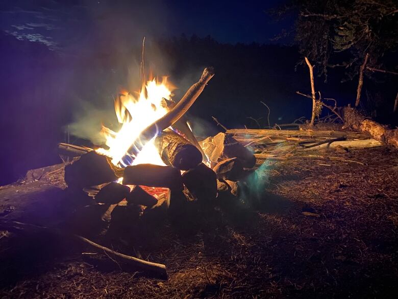 A campfire at night.