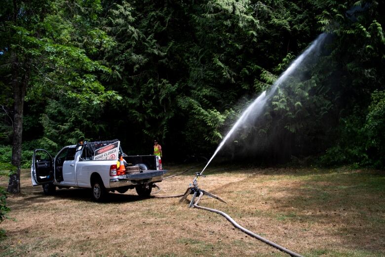 A pickup truck is seen in a forested area, with a nearby sprinkler spraying water at trees.