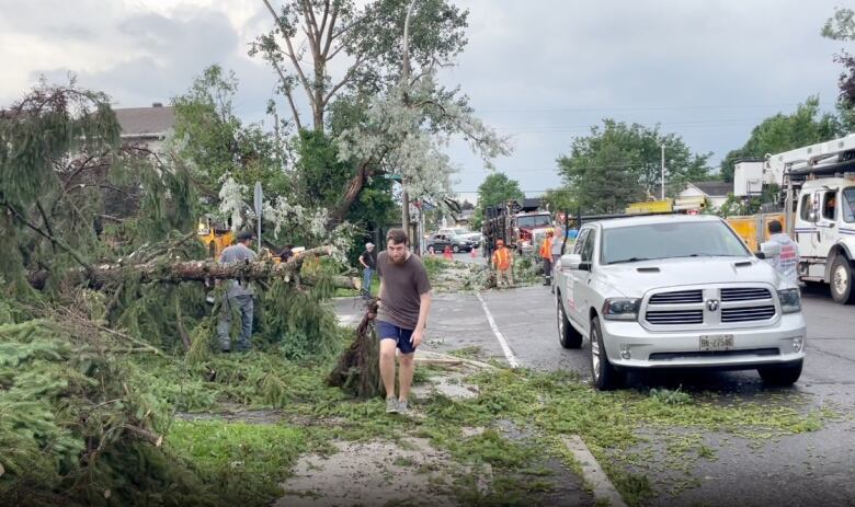 A man drags tree debris along a sidewalk.